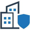 Icon of two buildings with blue shield, symbolizing protection or security for real estate or properties.