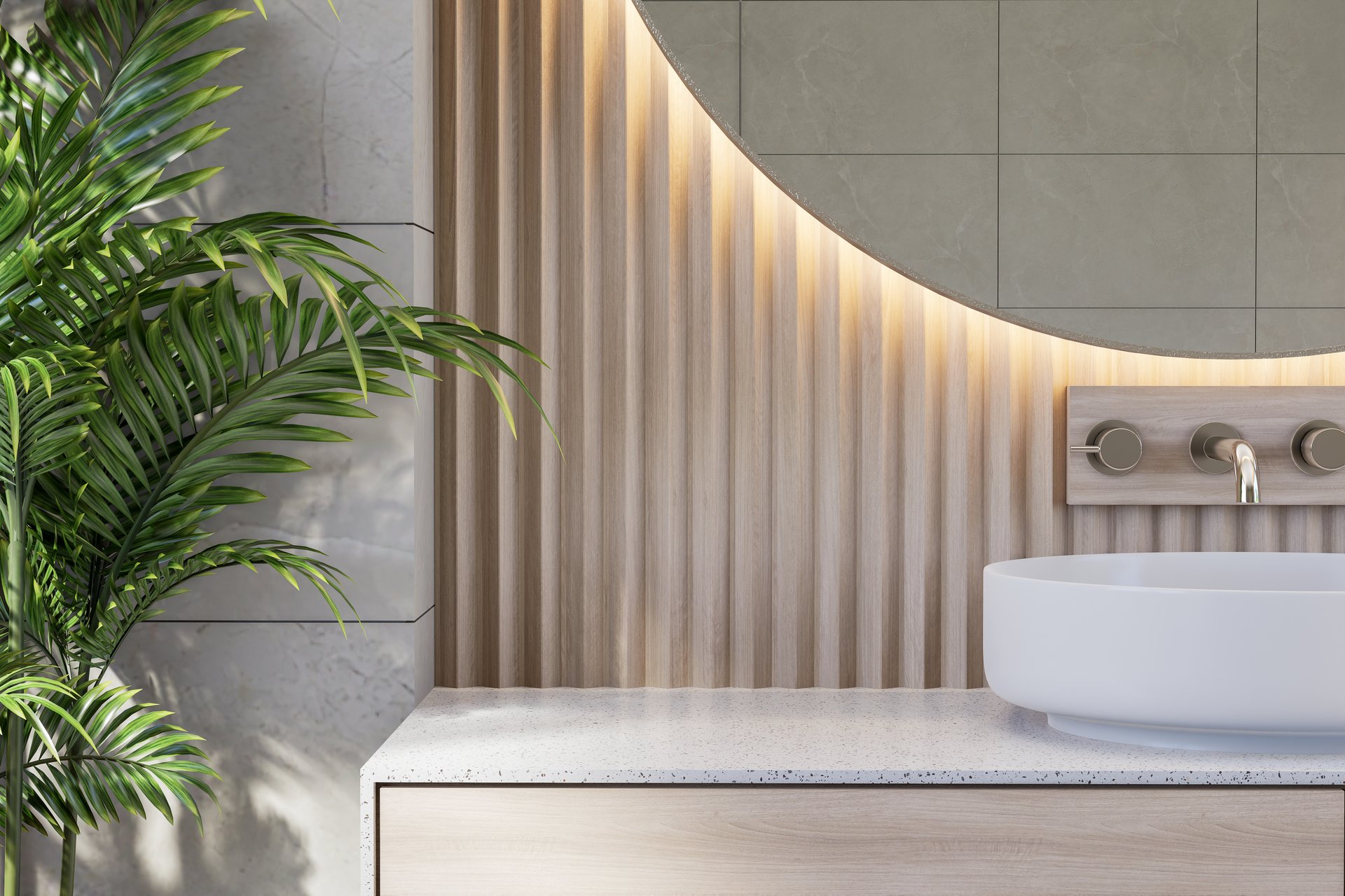 Empty white terrazzo sink counter in modern luxury style bathroom 3d render. blank counter space for placing your products. Decorated with woods lattice