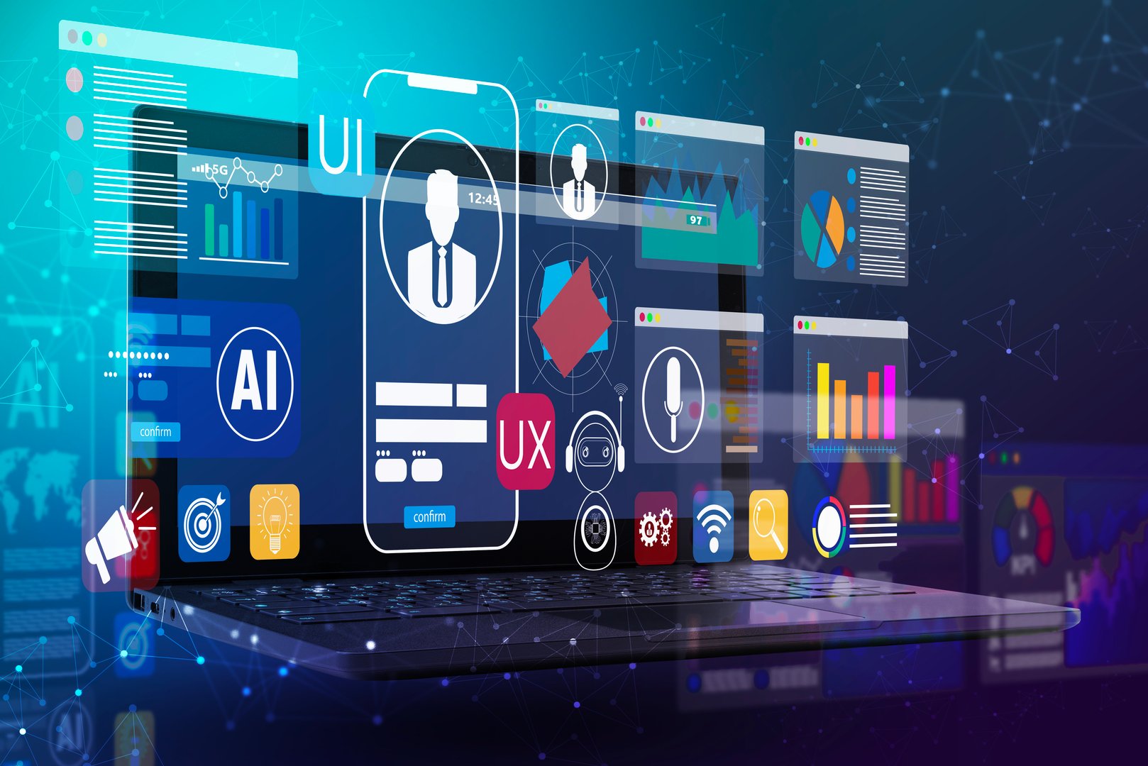 Futuristic laptop with AI, UI and UX interface elements, charts and icons overlay. Concept of app development, data analytics dashboard, digital transformation, and user experience design.