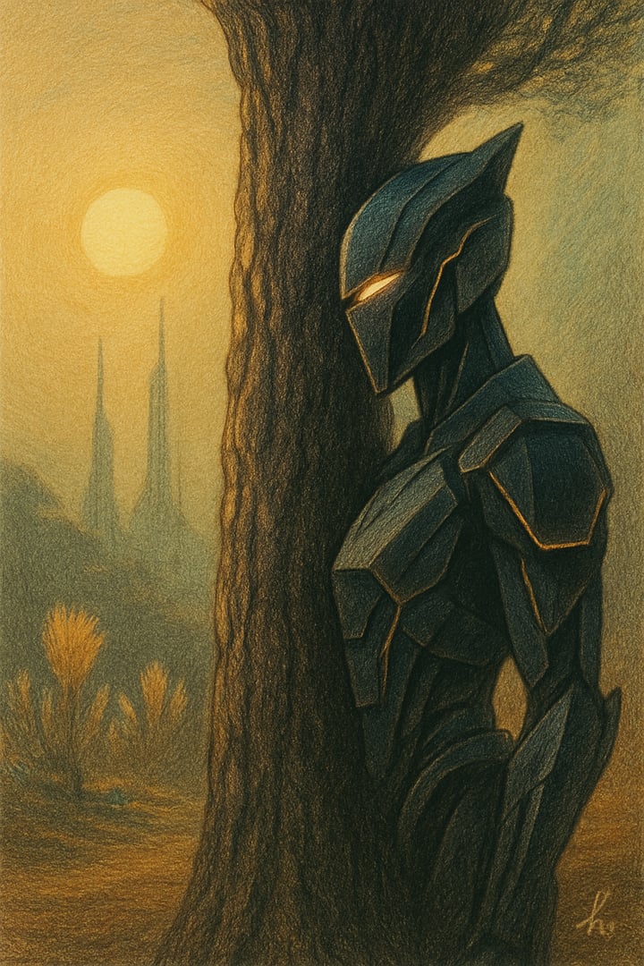 A futuristic robot with glowing eyes stands by a tree in a surreal landscape with towering spires under a bright sun.