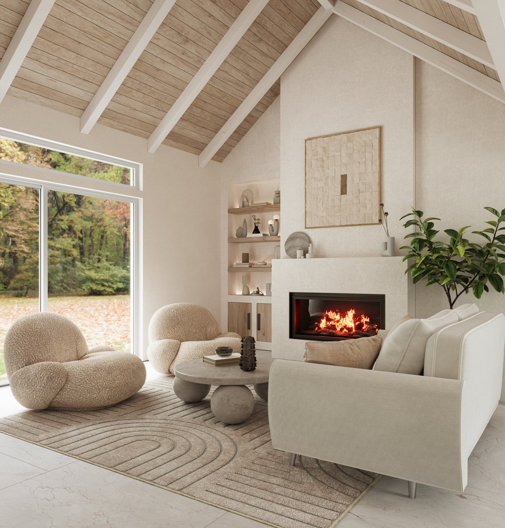 Modern living room with fireplace, beautiful furniture and rafter ceiling