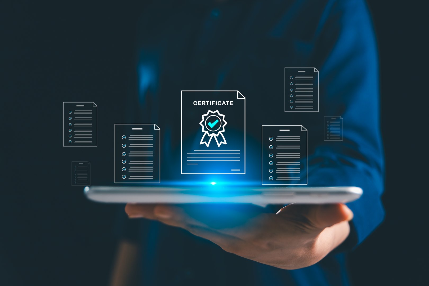 Businesswoman shows approved certificate and checklist document online, representing concept of top service, quality management, adherence to ISO standards globally trusted certificate in business.