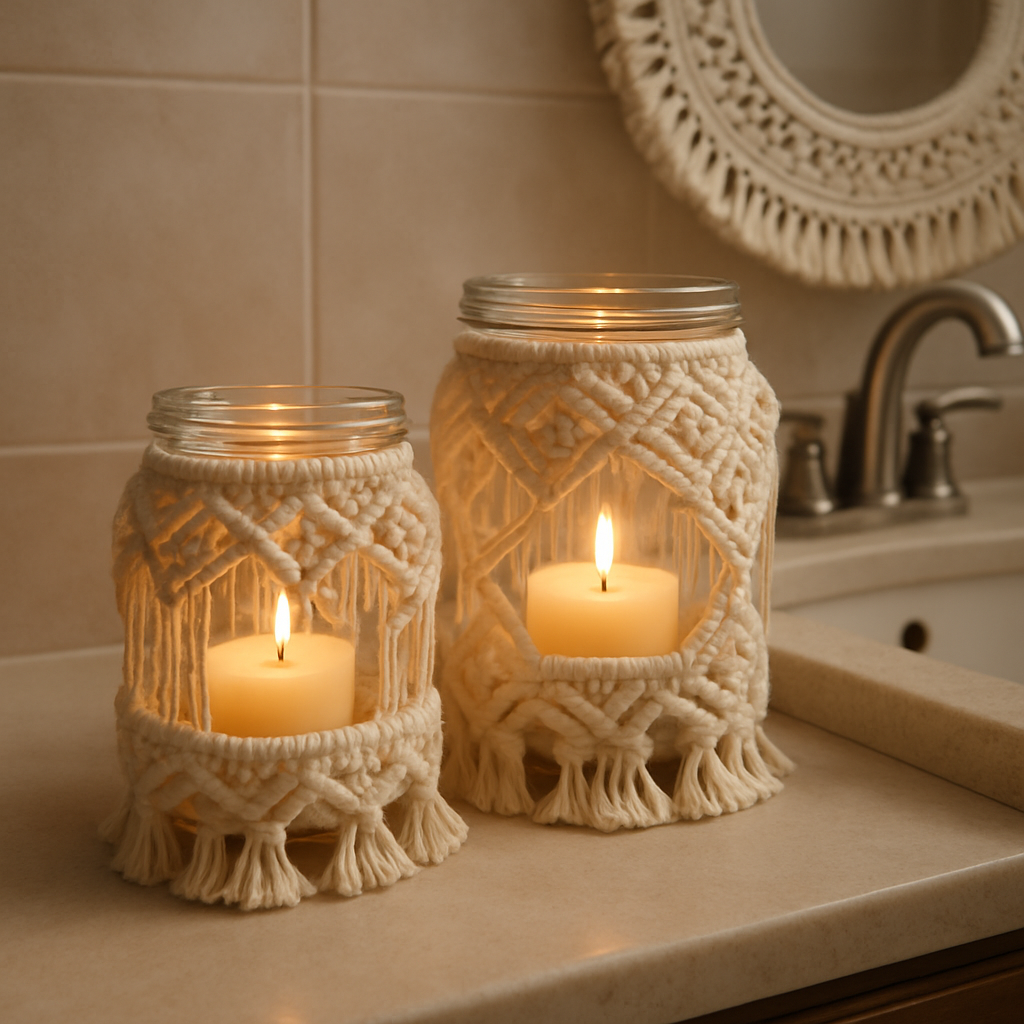 Two lit candles in glass jars with macramé covers on a bathroom counter.