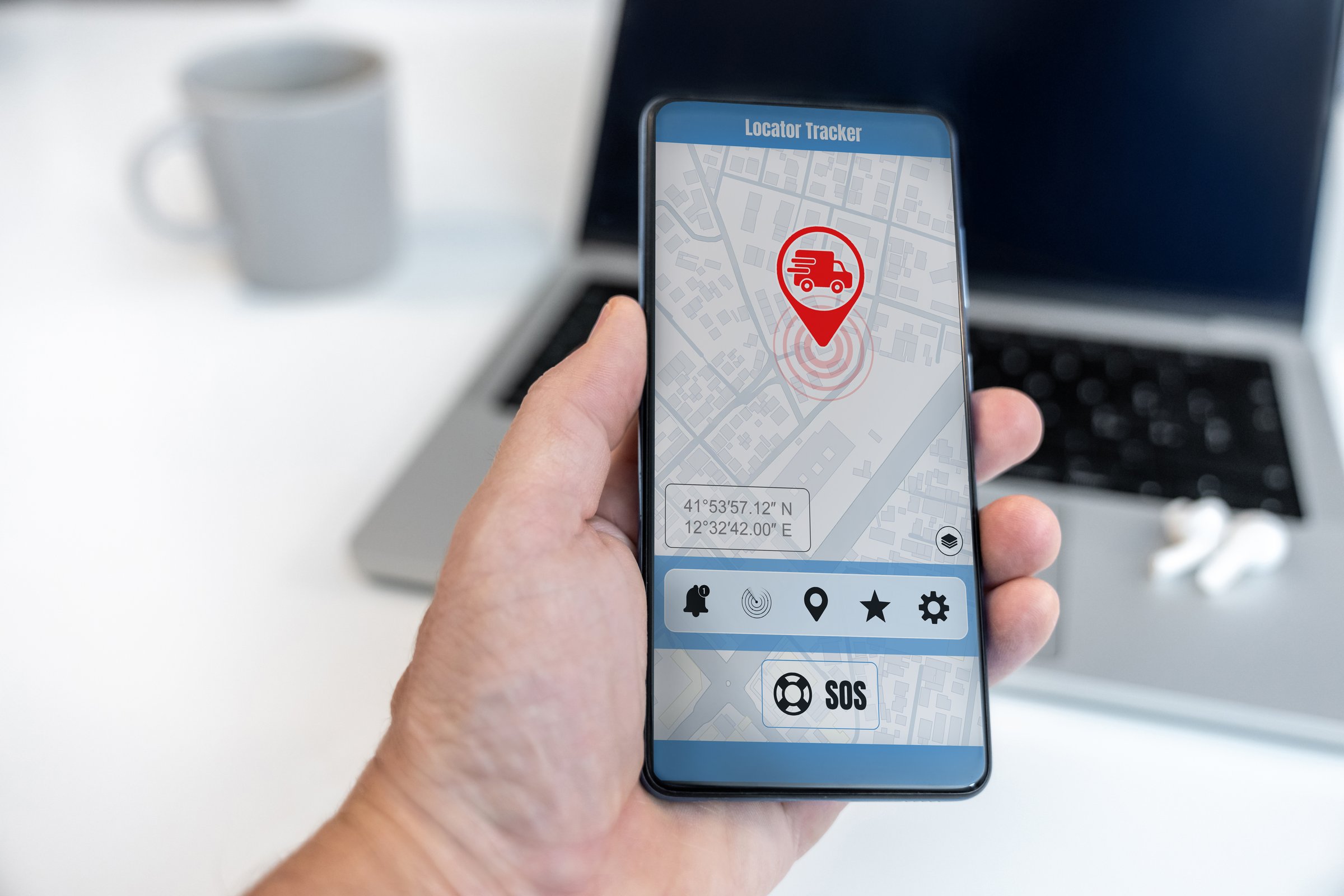 Delivery locator app on smartphone. Remote track and follow in real time. GPS mobile phone application