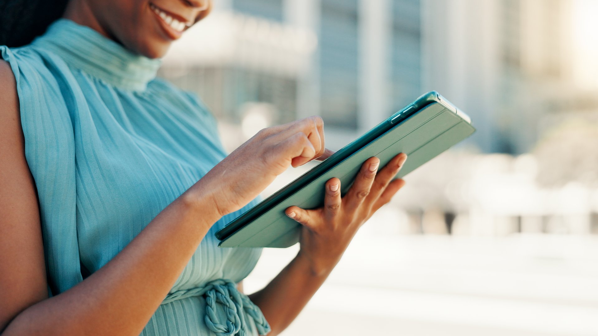 Business, tablet and woman in city, hands and connection with social media, network and internet. Person, accountant and financial advisor with tech, online reading or urban town with app