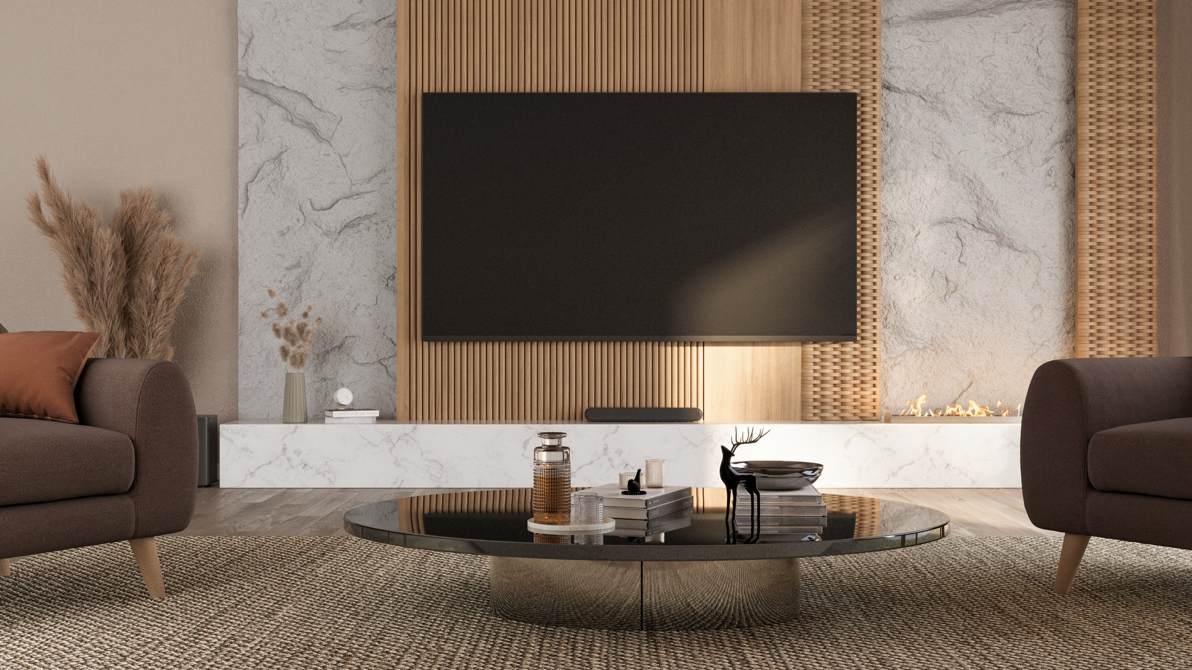 A luxurious living room focused on a feature wall with a large TV, vertical wood slats, marble panels, and a sleek, modern fireplace. A stylish coffee table sits in the foreground. 3D render