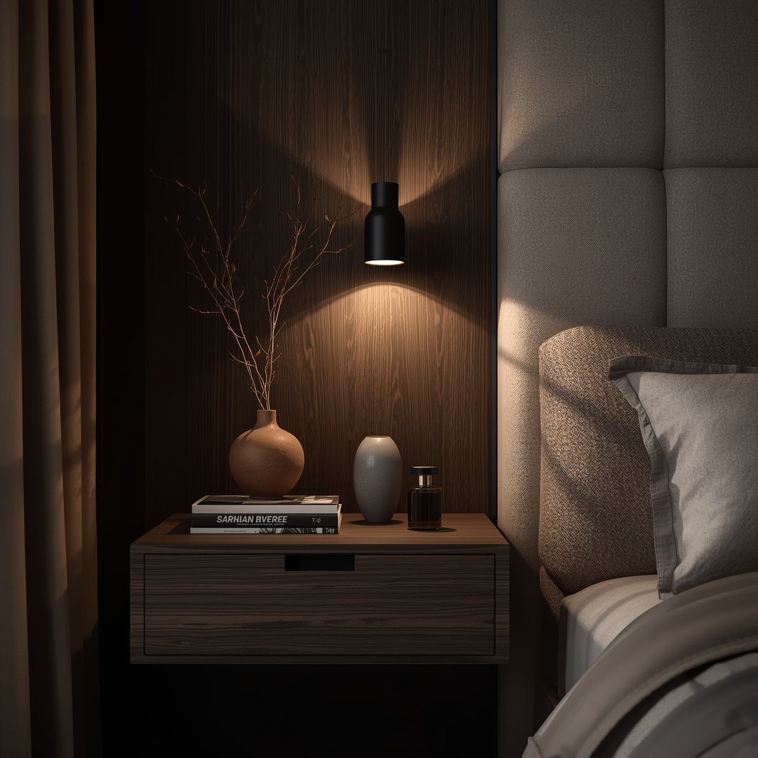 Vegghengt nattbord i mørk rustikk eik