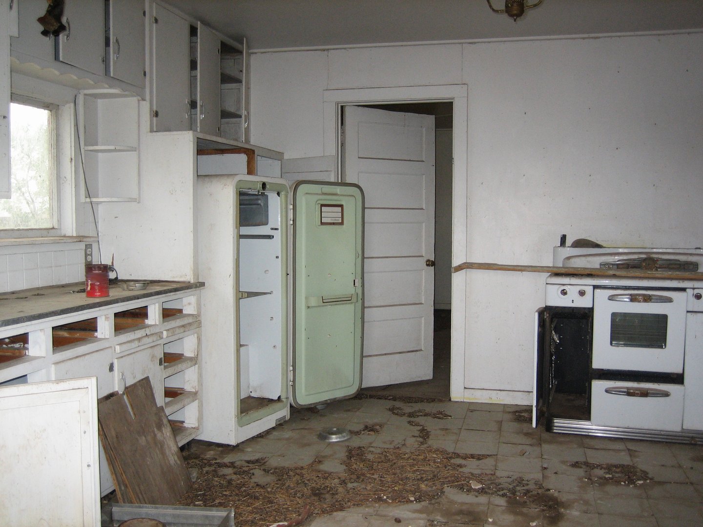 A long abandoned house in rural New Mexico. This shot shows the kitchen.