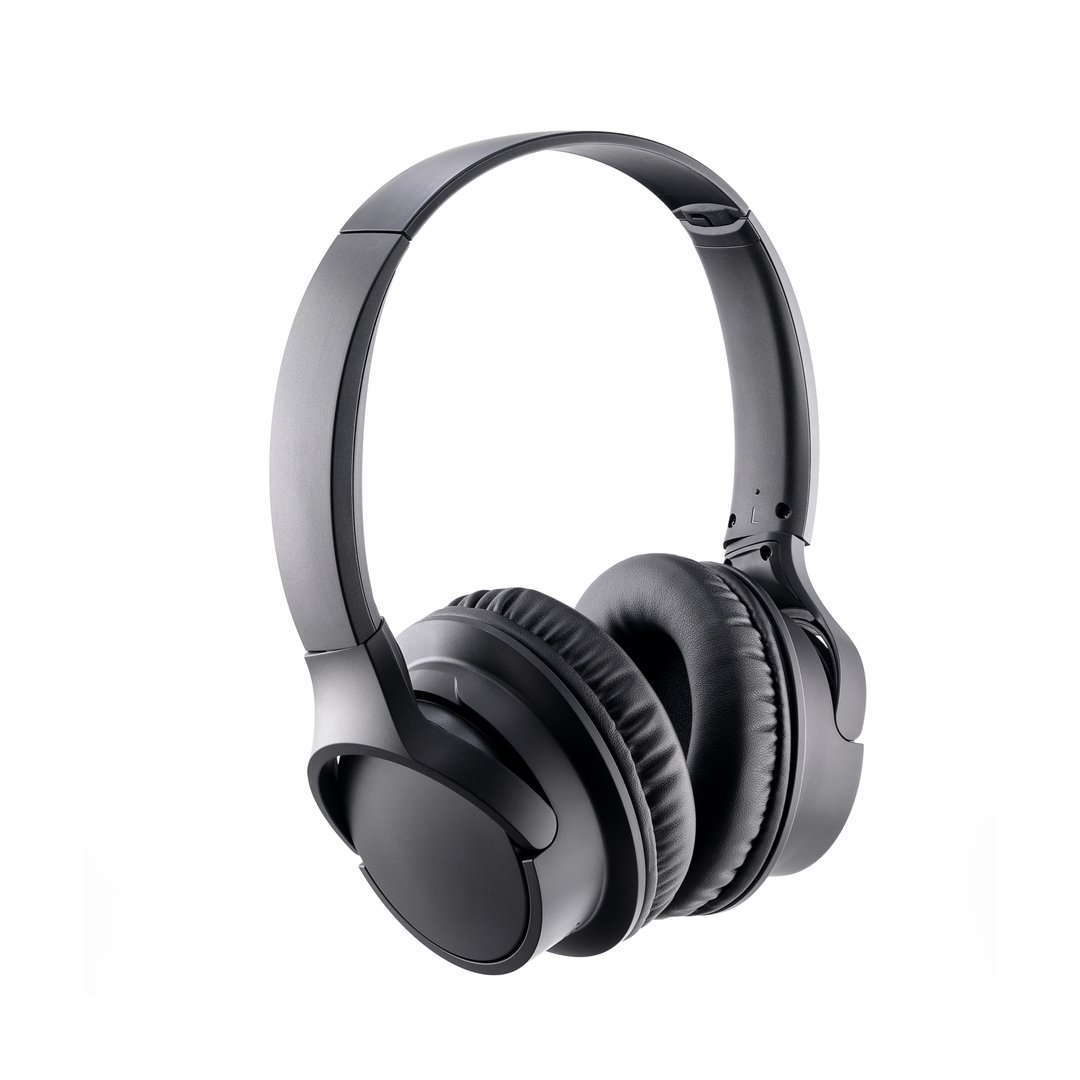 wireless black large digital stereo headphones for comfortable listening to music and online communication and calls, modern technologies in the music field, isolated on white background, close-up