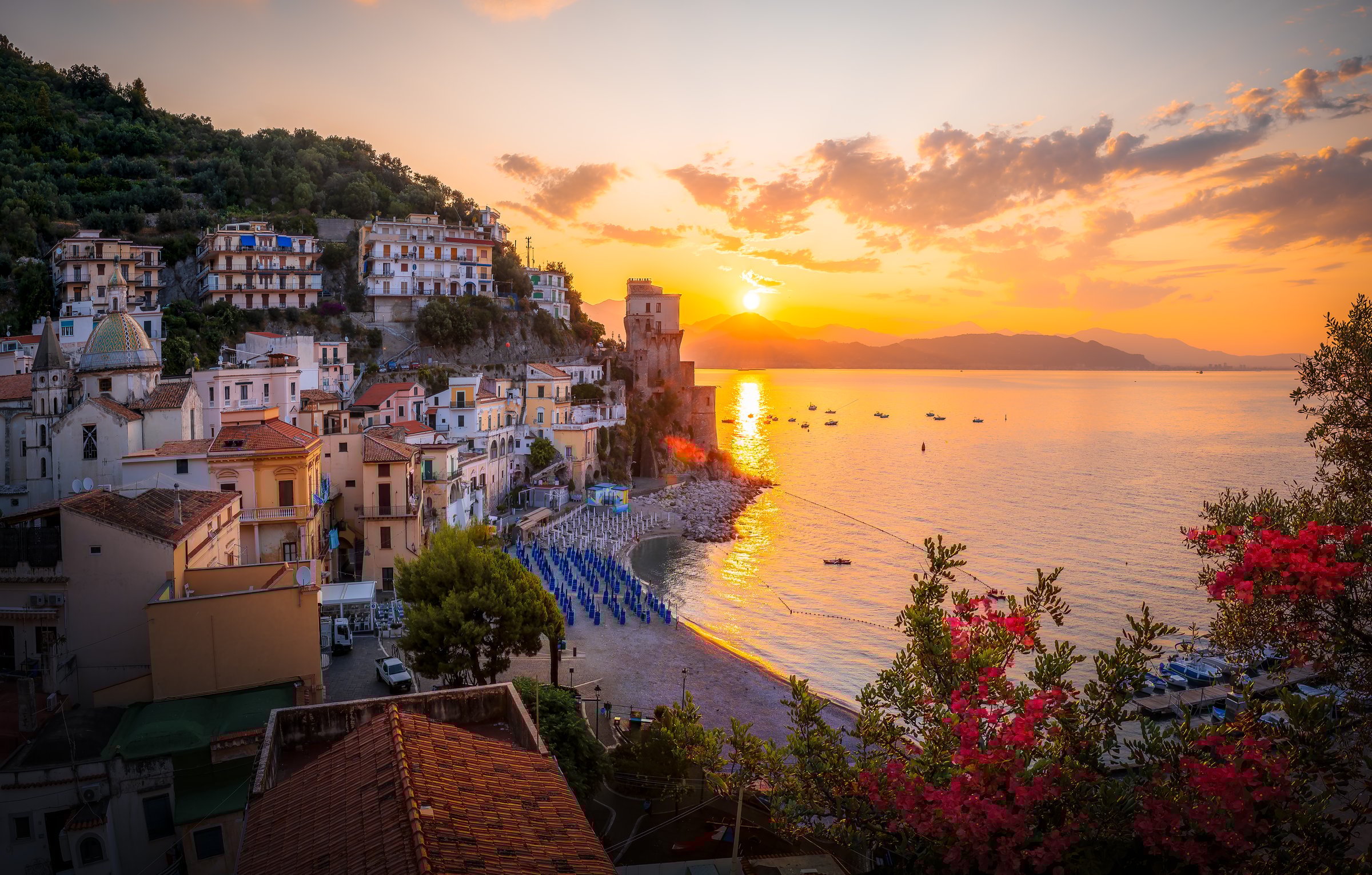 Landscape with Cetara town at sunrise, Amalfi coast, Italy