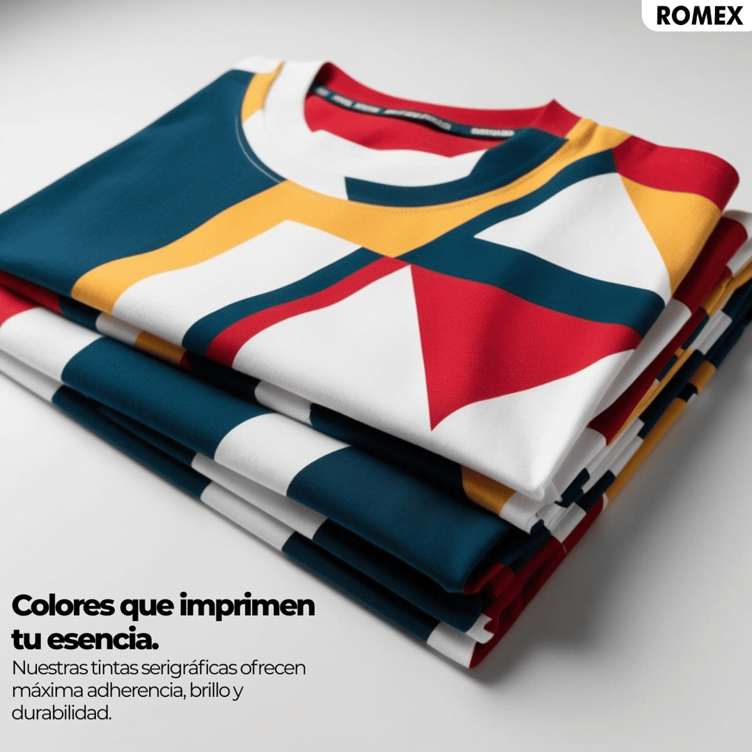 Stack of colorful geometric pattern t-shirts with a text overlay promoting vibrant, durable screen printing inks.