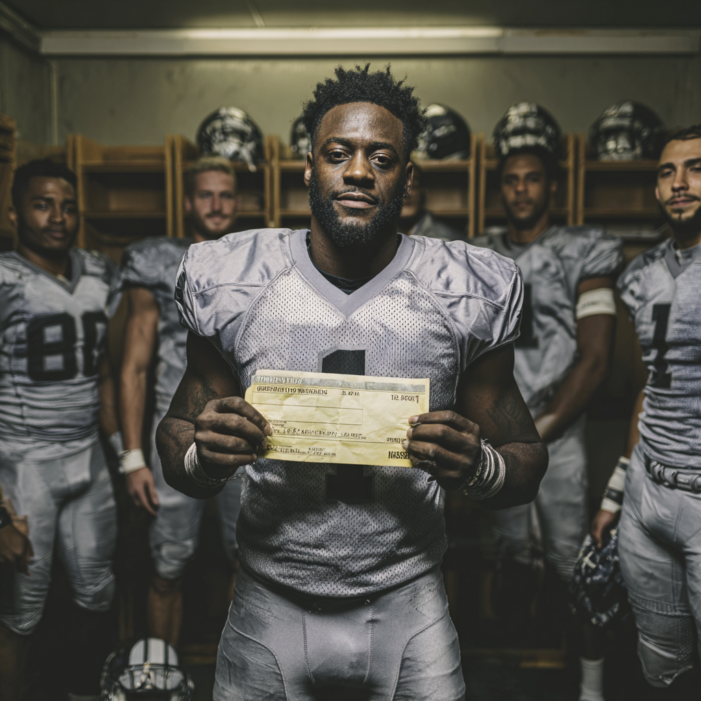 Football player standing confidently in locker room
