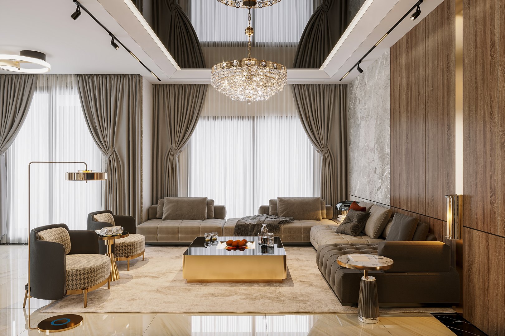 The interior of the modern living room, Shows how a chandelier serves as a focal point in a room