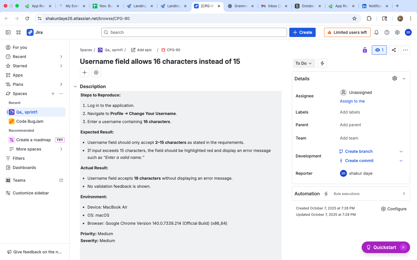 Bug report documentation screenshot 1