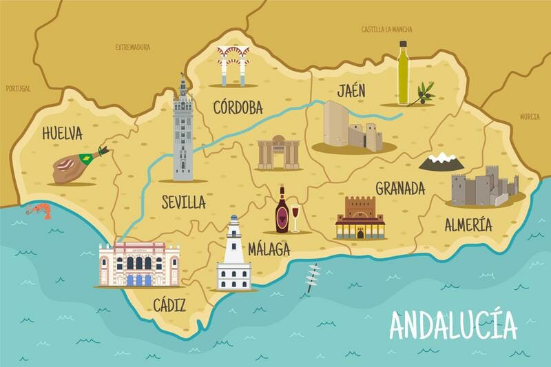Illustrated map of Andalucía, Spain, highlighting key landmarks and cultural symbols in each province, with a coastal border.
