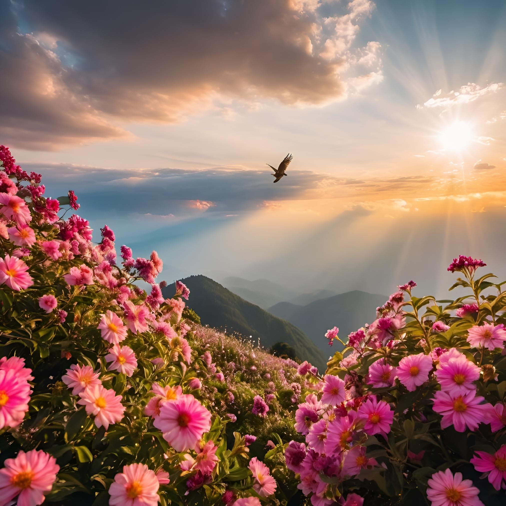 An Aerial view of pink flowers on a mountain with  a bird during sunset