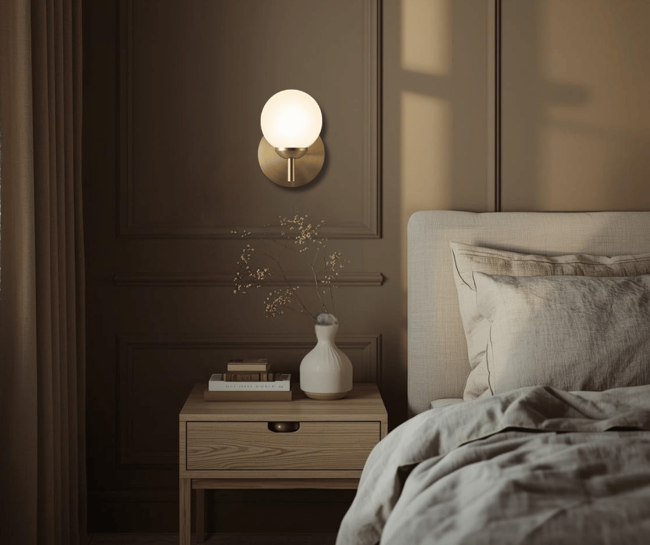 Soverom med gull rund veggerlampe