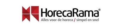 HorecaRama logo with red abstract design and text Alles voor de horeca / simpel en snel on a white background.
