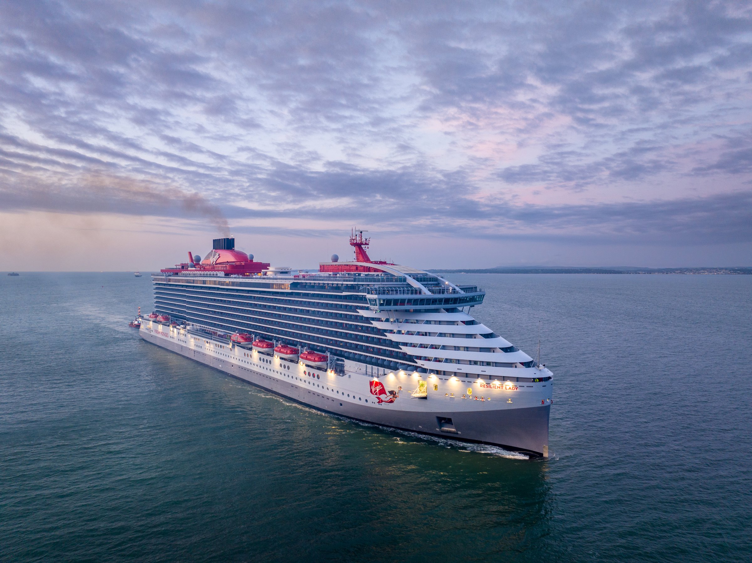 Resilient Lady Cruise Ship.  arriving at Portsmouth International Port aerial view.  Virgin Voyages.