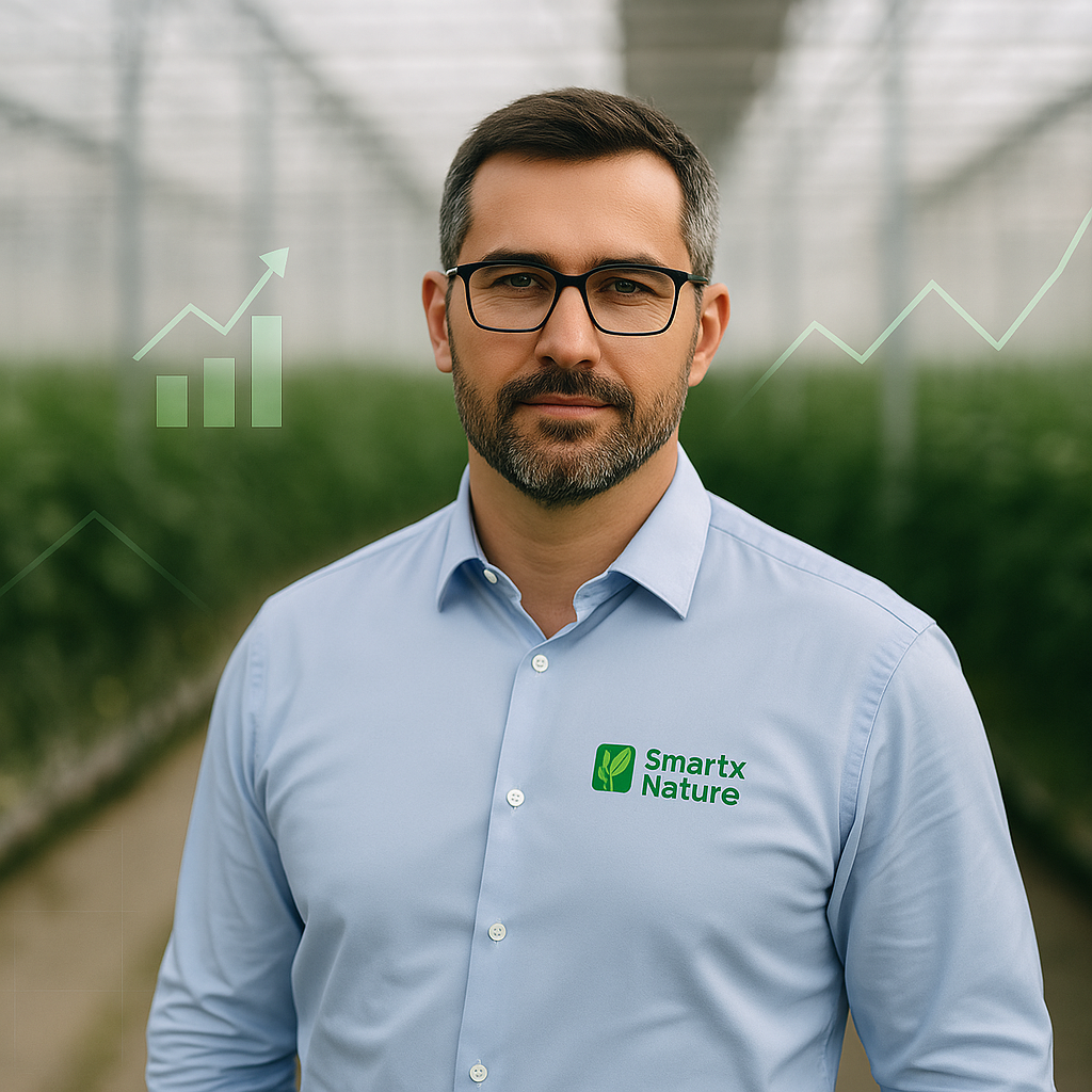 Professional business executive in modern agricultural technology setting