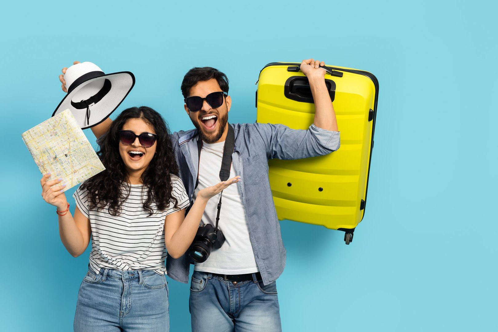Happy Couple Ready for Vacation with Map and Suitcase on Blue Background, Summer Travel, Holiday Trip, Tourist, Explorer, Adventure, Lifestyle