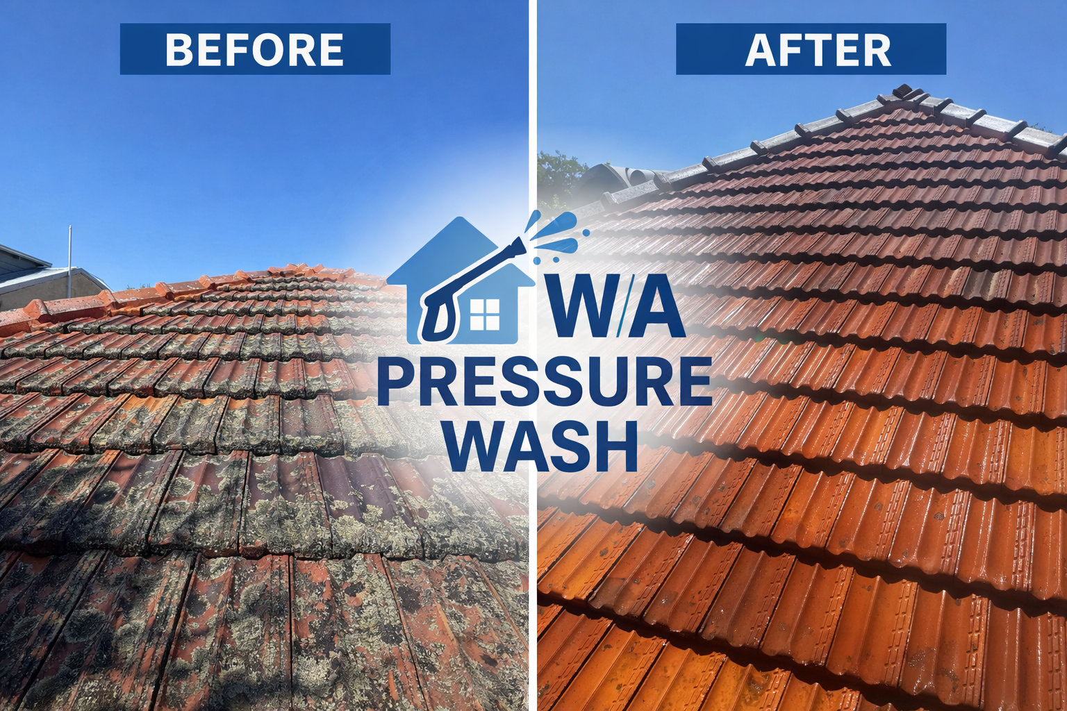 Professional roof washing transformation - Before and after