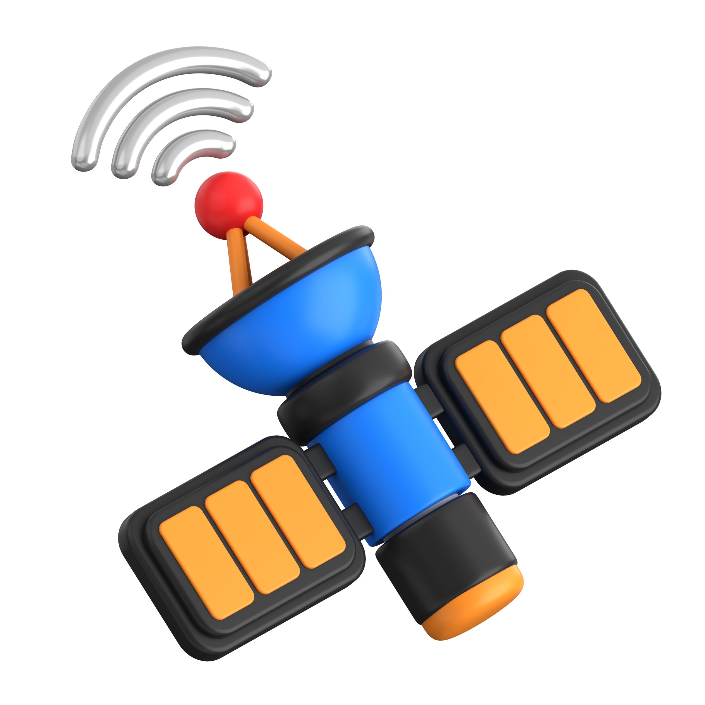 3D Satellite with solar panel and signal, symbolizing global communication, satellite technology, and wireless data transmission