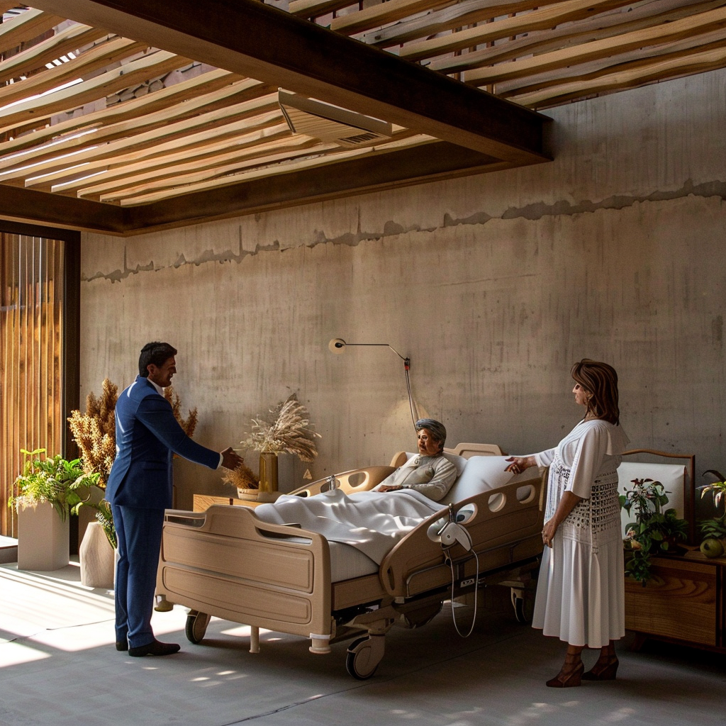 Two people visit a patient in a modern hospital room with a wooden ceiling. The patient is in a bed surrounded by plants.