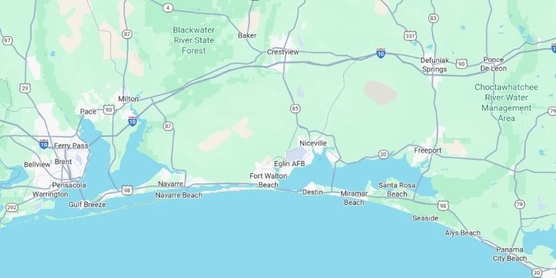 Coastal Outdoor Systems Service Area map showing Northwest Florida Gulf Coast region