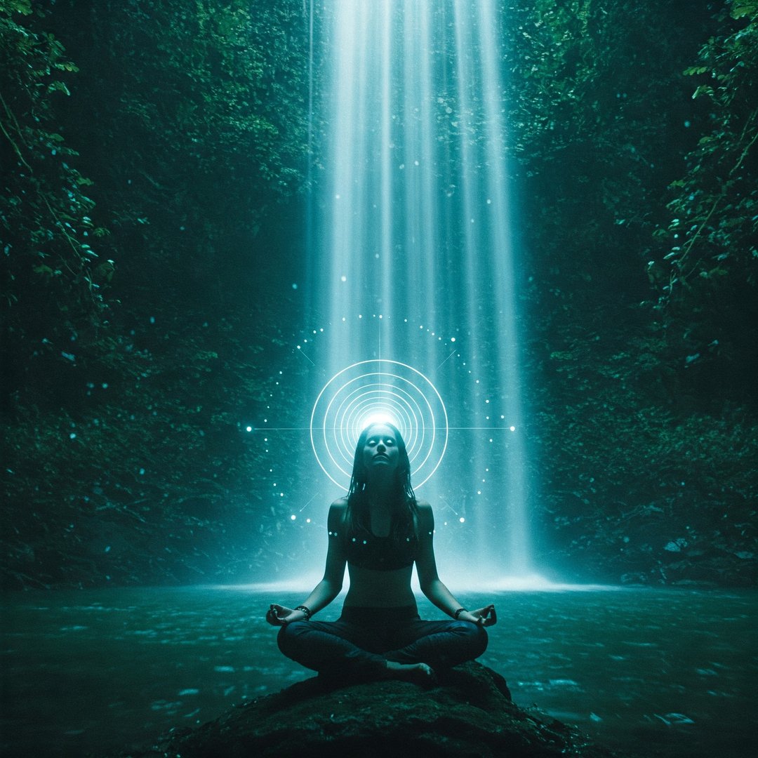 Person meditating in lotus pose by a waterfall, with concentric circles of light above their head, surrounded by lush greenery.