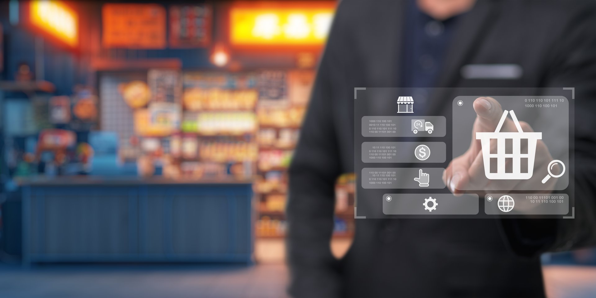 Businessman opening a shop Products are online and people are buying products online. Holographic display screen