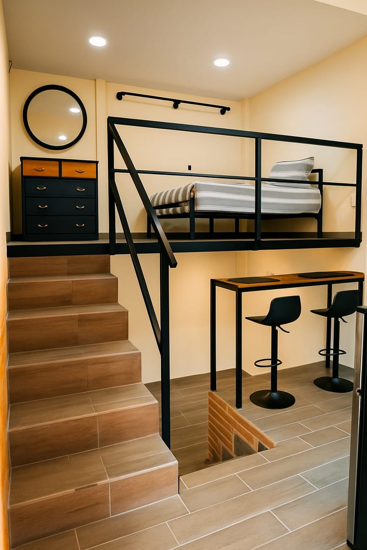 Vista principal del loft moderno con diseño industrial