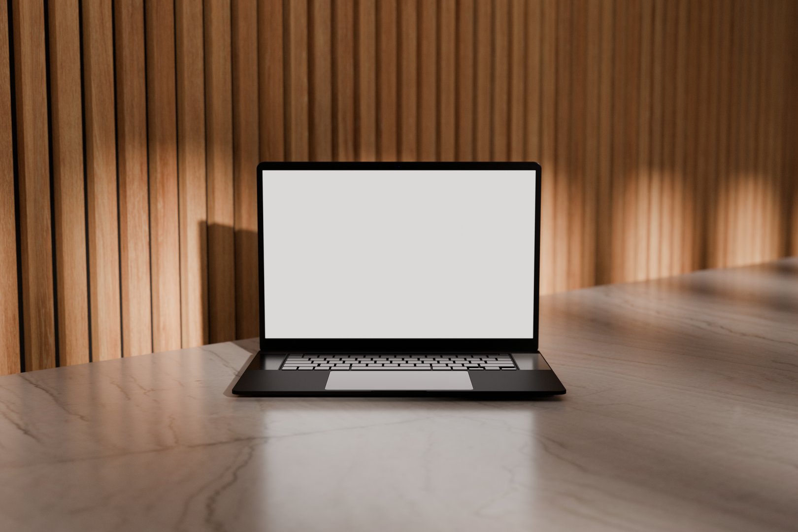 High end laptop on marble studio floor and acoustic backdrop. Blank mockup template screen. Digitally generated.