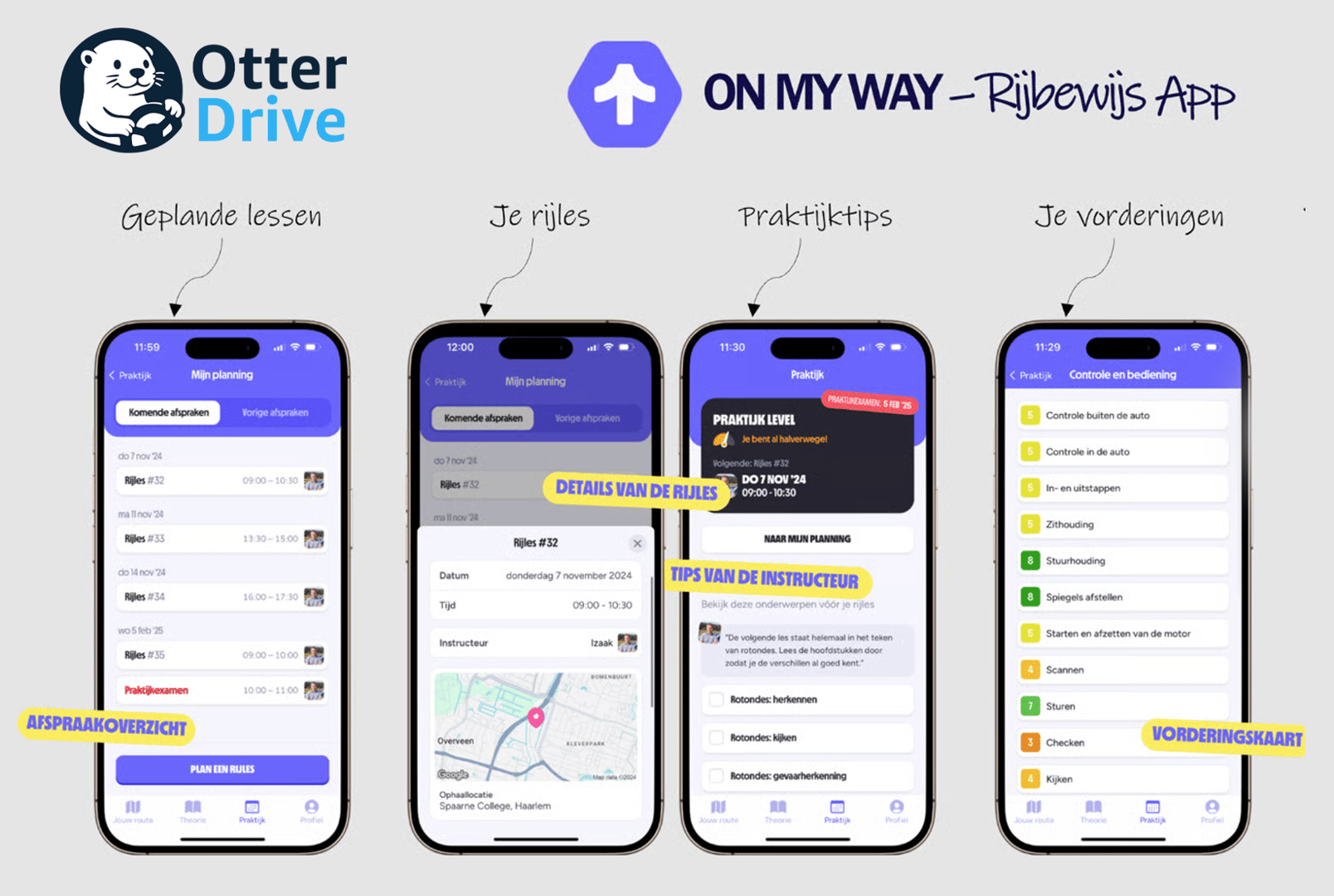 ON MY WAY app interface showing lesson scheduling and progress tracking