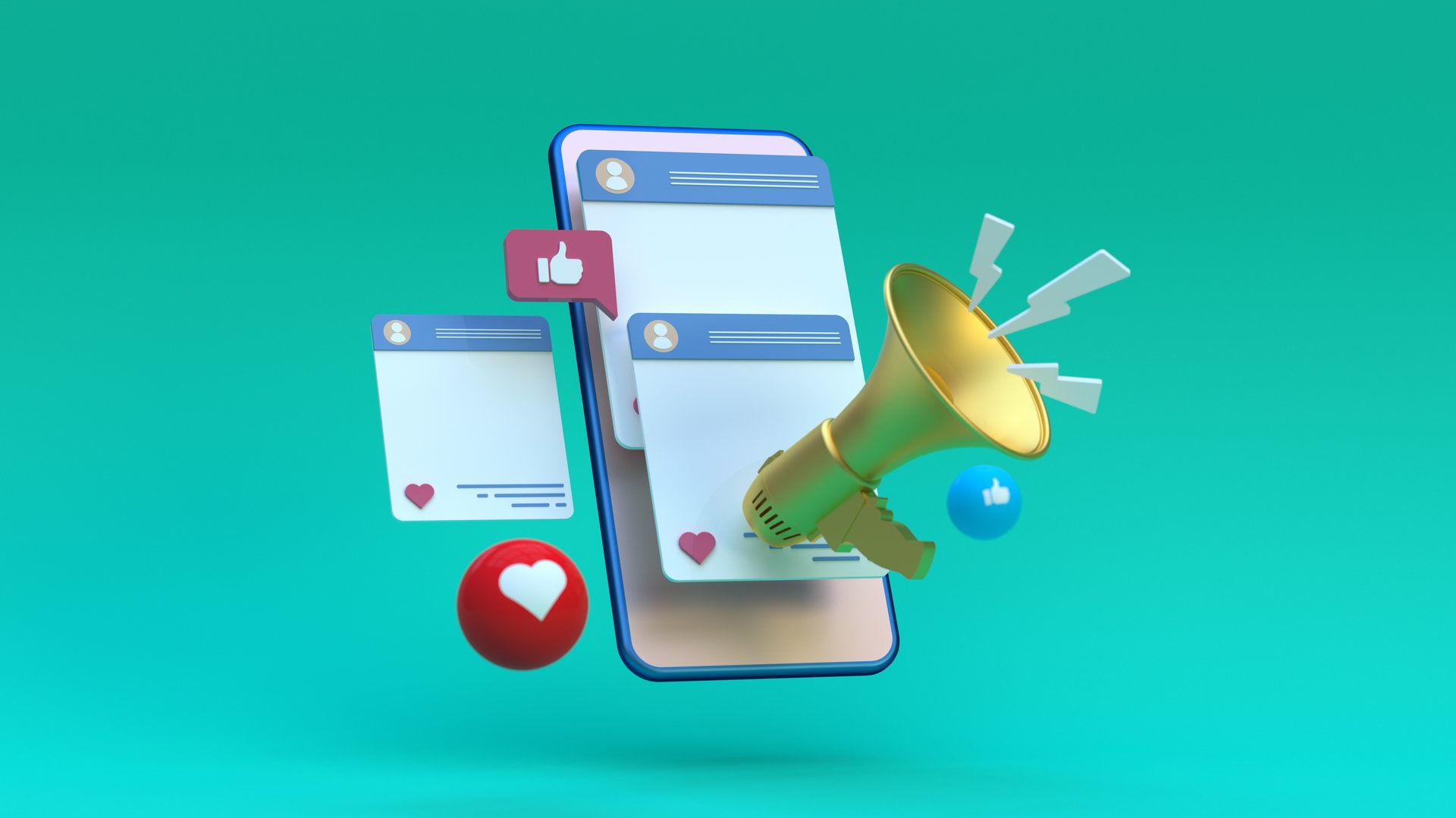 3D illustration of a smartphone with social media notifications, like icons, and a megaphone on a teal background.