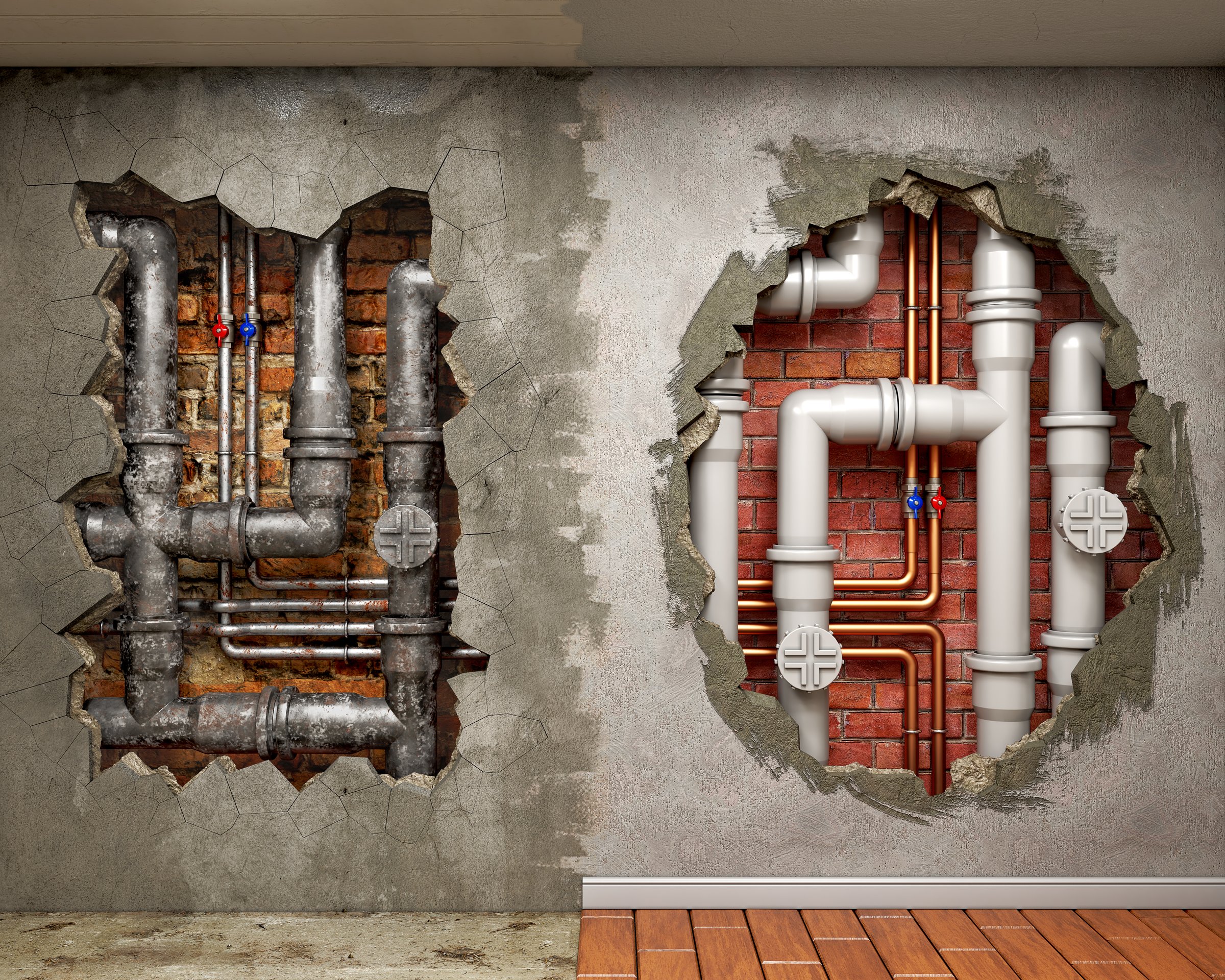 A hole in old concrete wall with weathered and damaged plumbing pipes inside and a hole in renovated wall with new pvc pipes inside, plumbing renovation concept, 3d illustration
