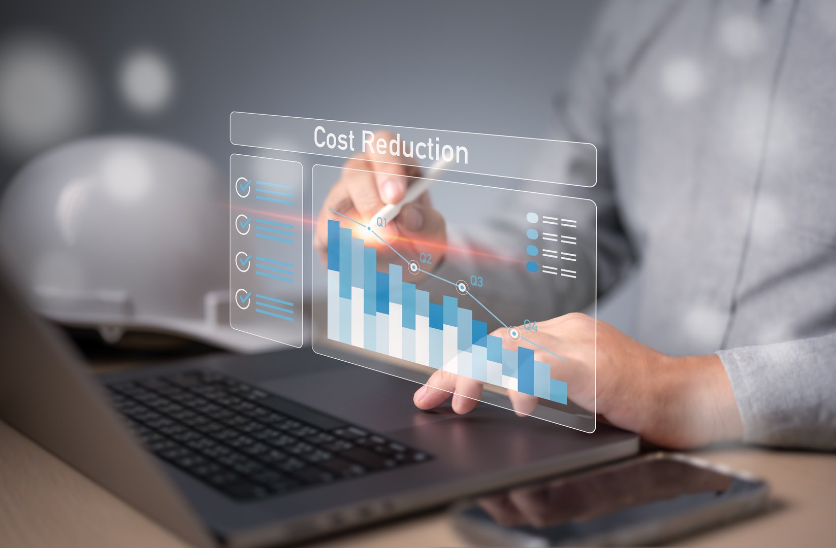 Businessman use laptop to analyze company expenses for cost reduction management. Lean optimize manufacturing. Decreasing company expense to maximize profits, financial data for long term investment.