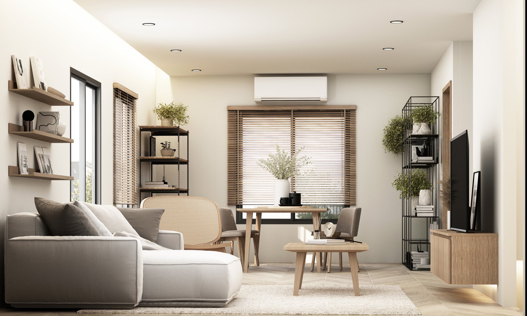 Modern minimalist living room with warm tones and simple furniture, complemented by natural light and cozy decor. Featuring wooden elements, plants, and 3D rendering for a relaxing atmosphere.