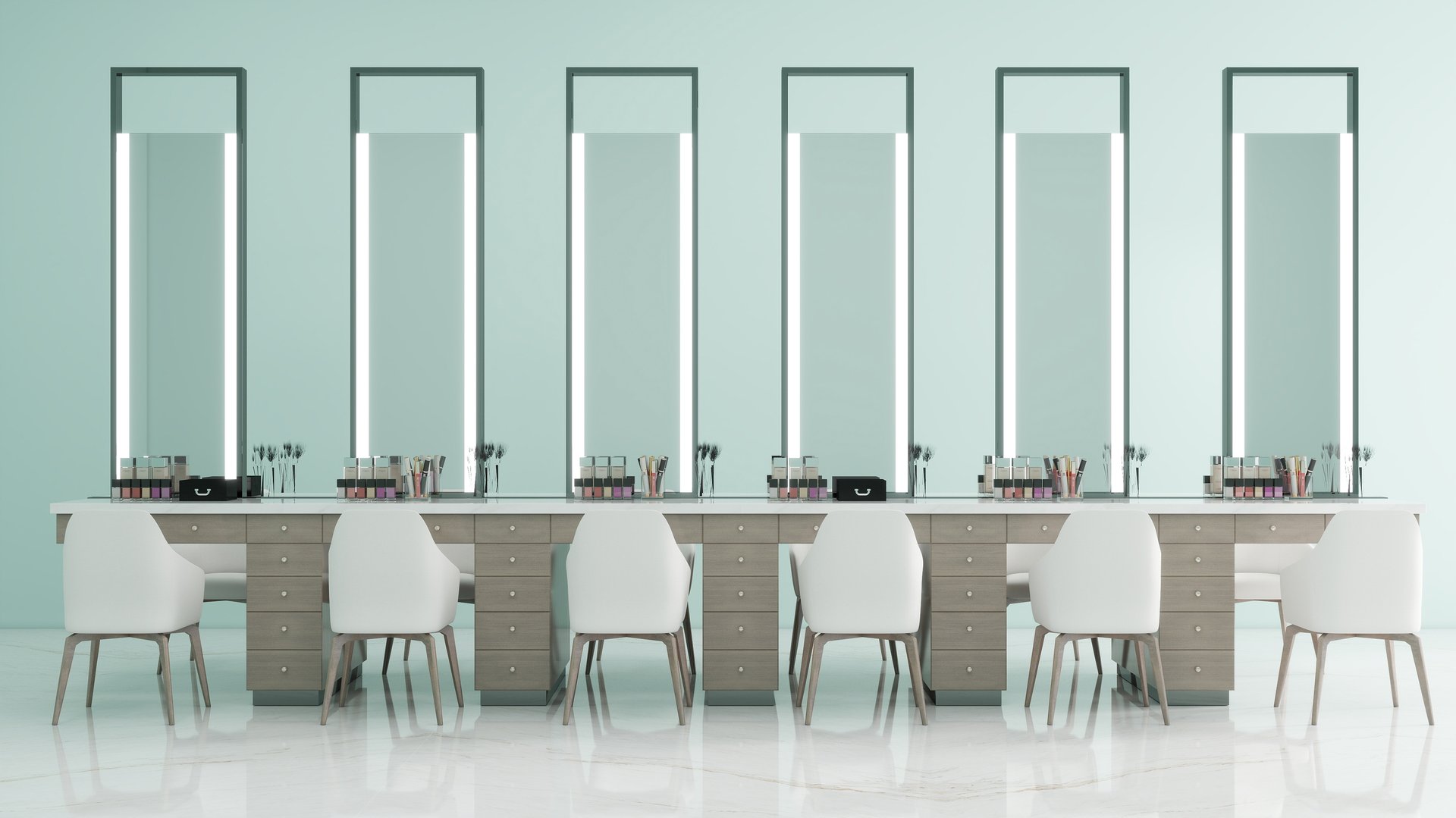 Modern Makeup Vanity Station with Mirrors and Chairs in a Beauty Salon, 3d rendering of interior decoration.