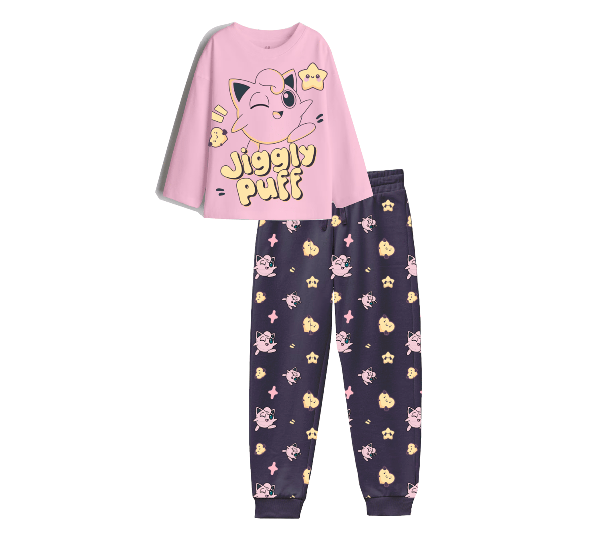 Pink Jigglypuff-themed pajamas with a long-sleeve top and matching pants, featuring cartoon stars and Jigglypuff images.