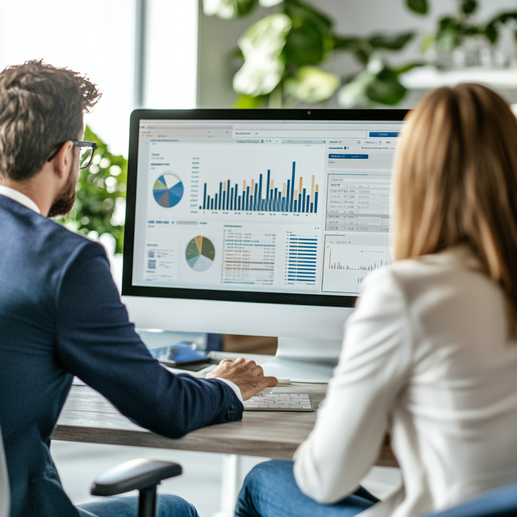 Two professionals analyzing data charts on a computer screen in an office setting.