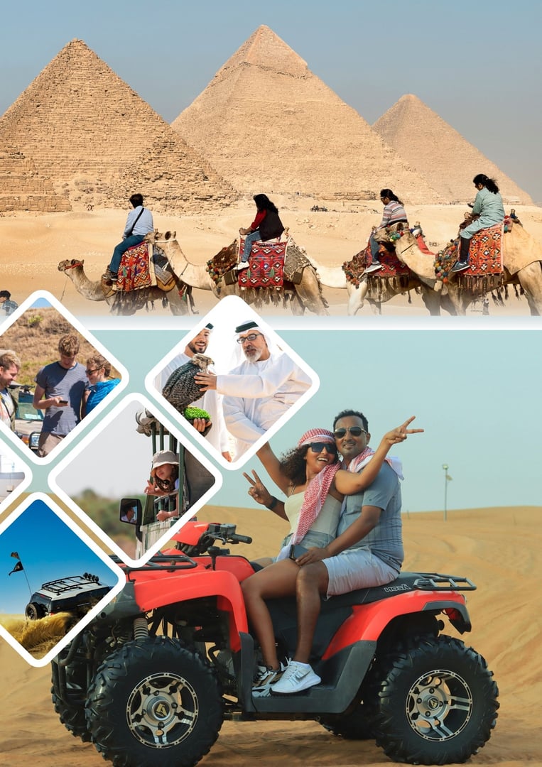 Collage: People on camels near pyramids, family in desert activities, couple on ATV in sand dunes.