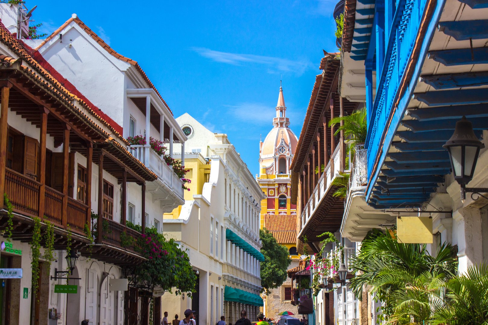 Cartagena street with Cathedral in background and blue sky