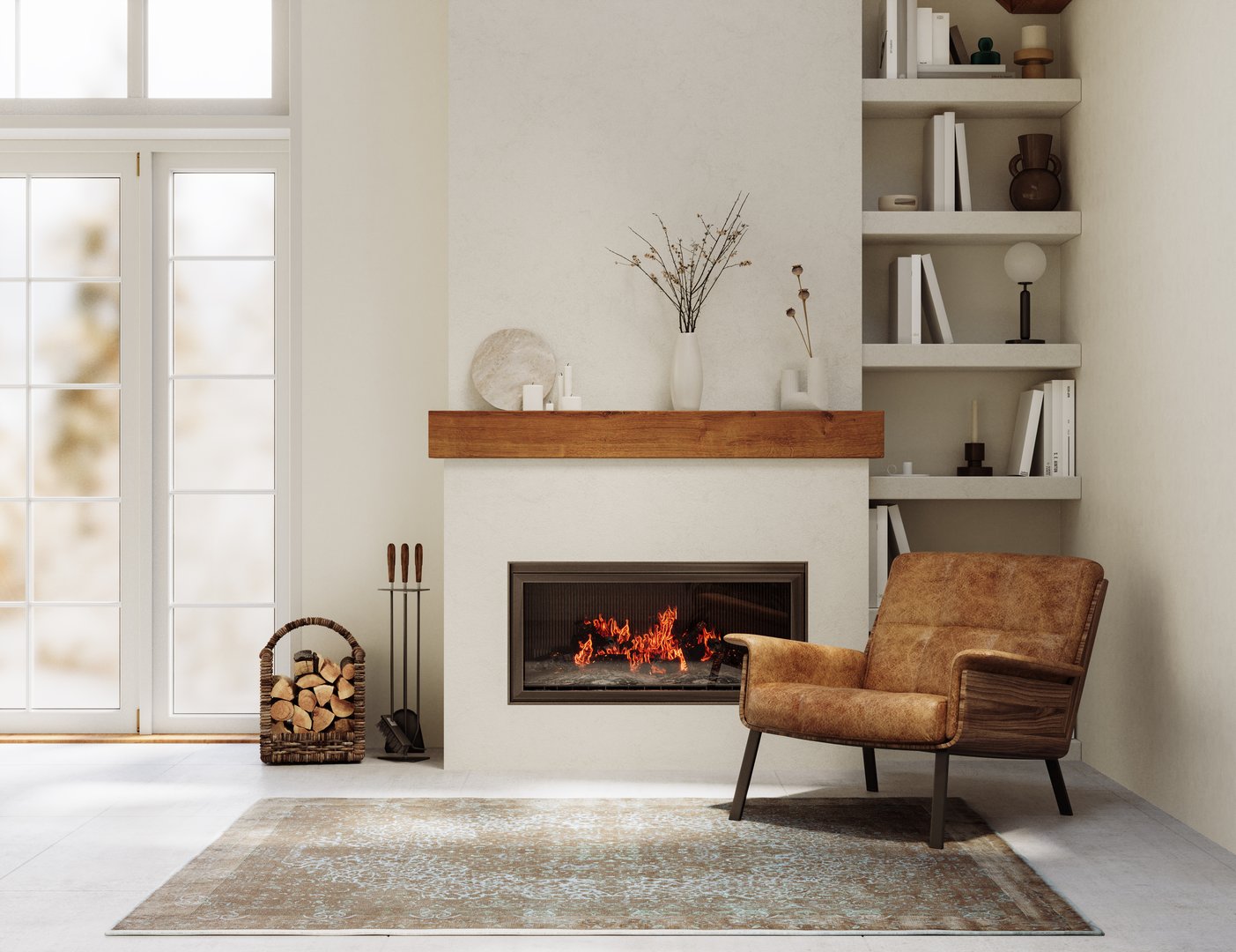 Warm rustic living room with high ceilings, leather seating, and natural light