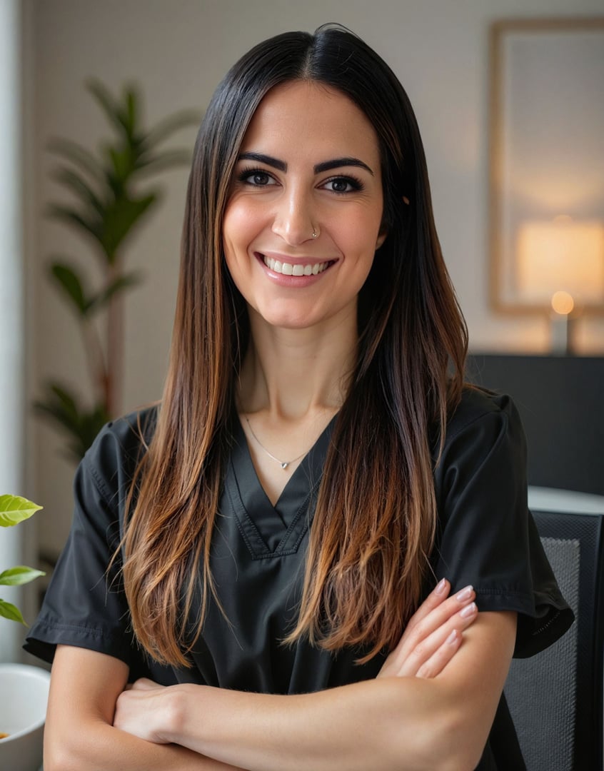 Smiling woman with long hair in black scrubs, arms crossed, indoors with blurred background and plant.