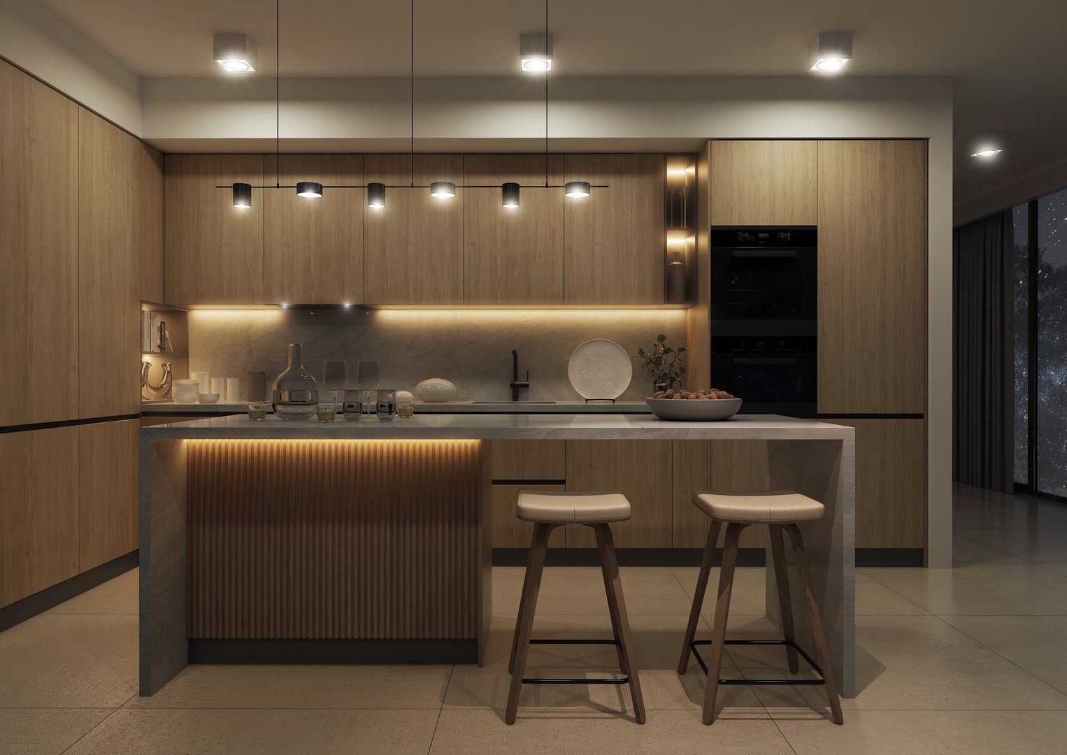 A modern spacious kitchen with a free-standing kitchen island. Bright wooden fronts with a gray stone top are combined in the kitchen.