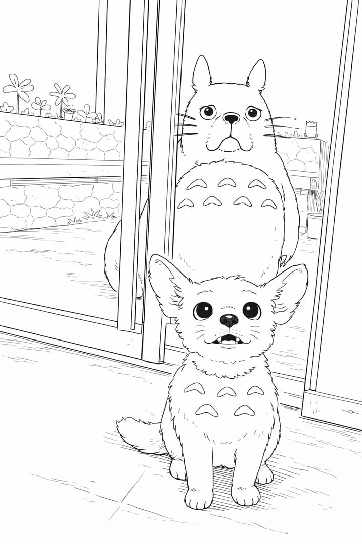 Studio Ghibli style coloring page of dogs