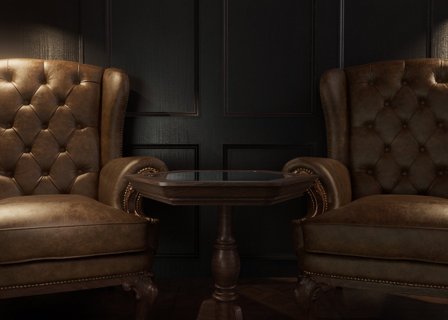 A dimly lit cigar room with two leather chairs on a dark wooden panelled wall