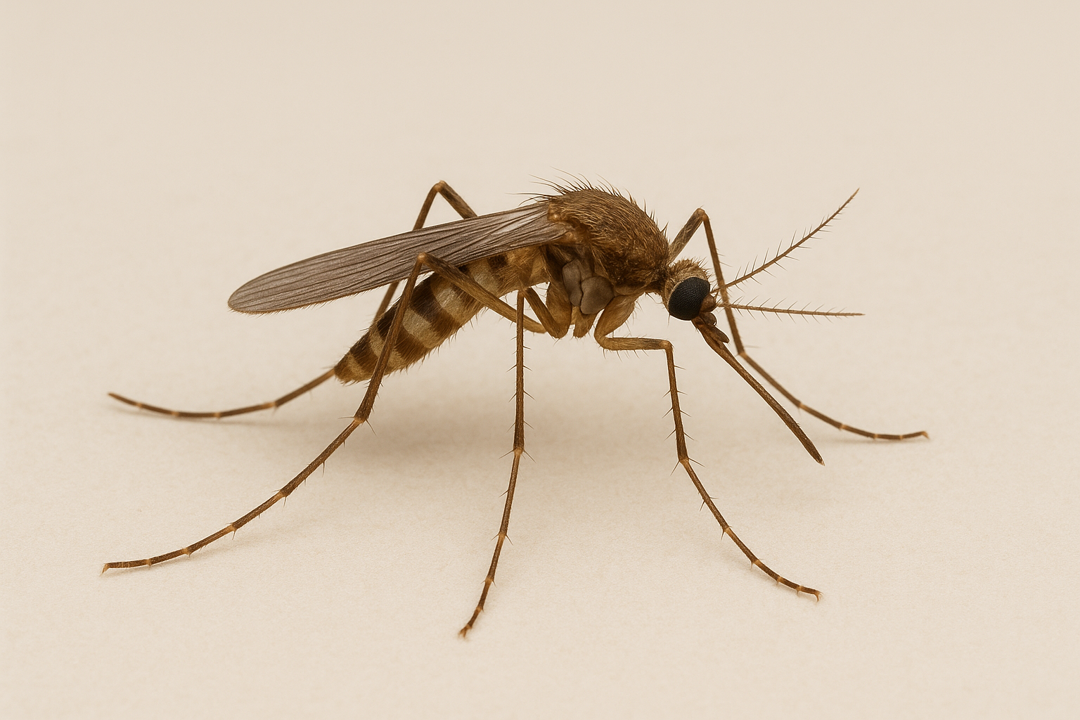 Close-up of a mosquito on a beige surface, showing detailed anatomy with long legs and slender body.