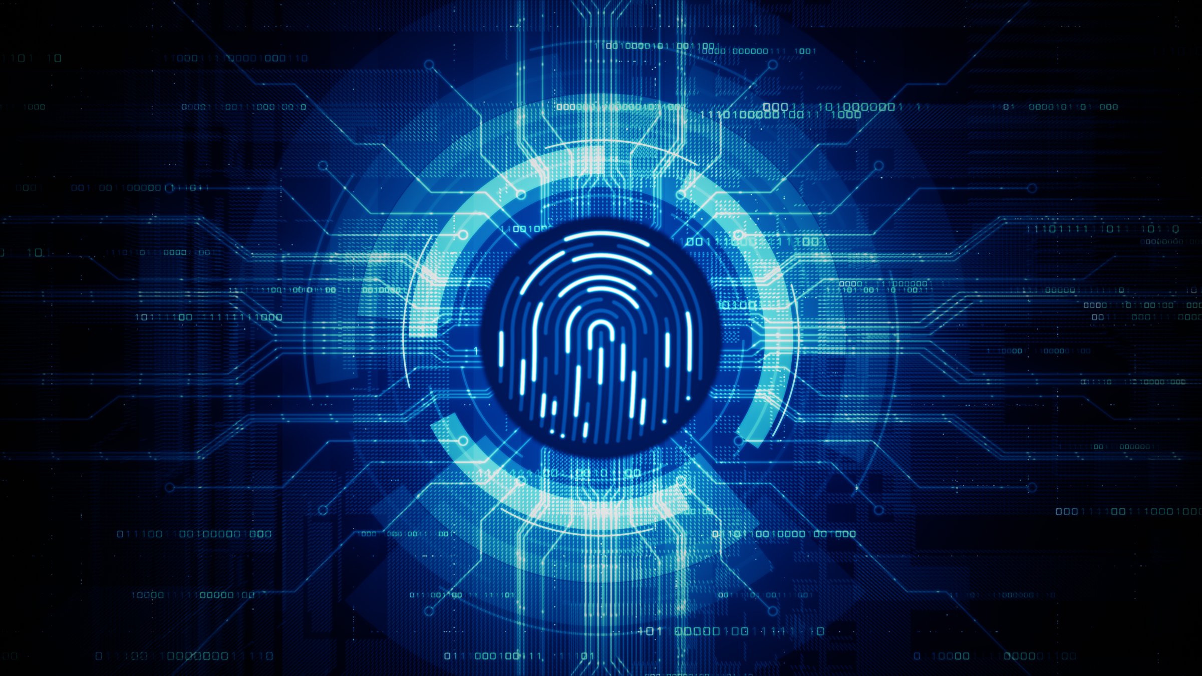 Biometric fingerprint scan glowing on a high-tech digital circuit board background, symbolizing data security, access control, and identity verification. 3d Rendering